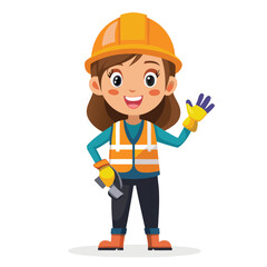 Friendly Female Construction Worker Cartoon Character Welcoming with a Wave Confidently Wearing a Safety Helmet and Gear Ready for Work