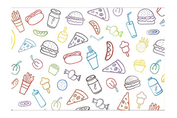 Colorful Food Montage: A vibrant and playful array of fast food icons bursts with a range of food like pizza, burger, hotdog, French fries, ice cream.