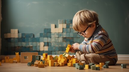 Young boy with glasses is playing on the floor with colorful building blocks, surrounded by scattered pieces, showcasing creativity and focus in a playful environment
