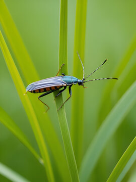 Selective focus shot of maybug on a grass stalk