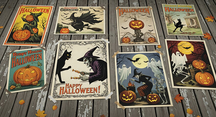 Obraz premium Vintage halloween posters with witches, pumpkins, ghosts, skeletons, and black cats on a wooden surface ai generated