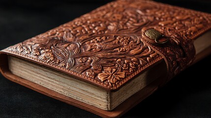 Close up of an antique leather bound journal with intricate embossed floral and nature designs and a strap closure
