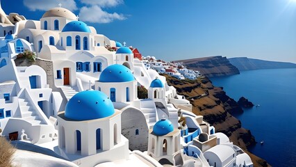 Santorini Cliffside Village with Blue Domes