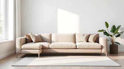 Minimalist living room with an elegant sofa and decorative pillows, showcasing contemporary home design.