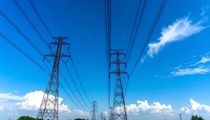 Power lines stretching against a vibrant blue sky