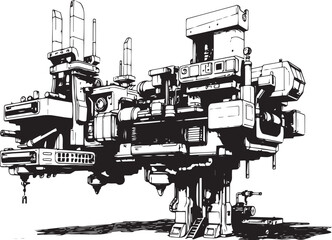 Obraz premium Factory, technical room, futurism, industry, equipment, mechanisms. Hand drawn vector illustration