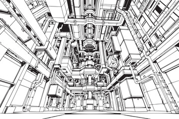 Factory, technical room, futurism, industry, equipment, mechanisms. Hand drawn vector illustration