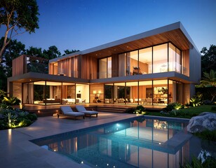 Fototapeta premium Modern home with pool at dusk