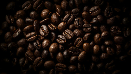 Ultrarealistic Closeup of Roasted Coffee Beans, Cinematic Lighting with Selective Focus and Deep Shadows, High-Resolution Texture Background