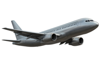 Modern passenger jet airplane in flight against a dark background with subtle lighting highlighting its aerodynamic design