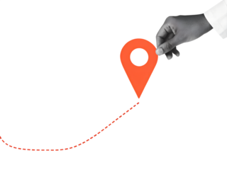 Black and white hand holds a red location pin. Destination sign in an arm in a modern collage style. Illustration on transparent background