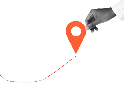 Black and white hand holds a red location pin. Destination sign in an arm in a modern collage style. Illustration on transparent background