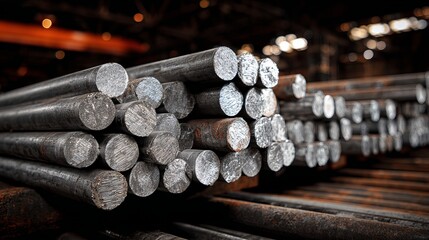 Industrial steel bars stacked neatly in a warehouse, representing manufacturing and heavy industry with a raw, strong aesthetic.