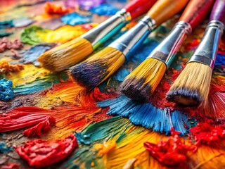 Fototapeta premium Closeup of vibrant paintbrushes resting on a colorful palette, showcasing artistic expression and creativity