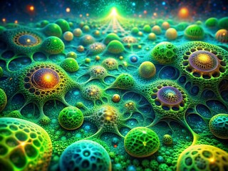 A vibrant and detailed microscopic landscape of alien organisms with intricate patterns and textures