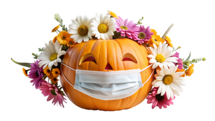 A carved halloween pumpkin jack o lantern wearing a medical face mask and decorated with flowers, isolated on transparent background