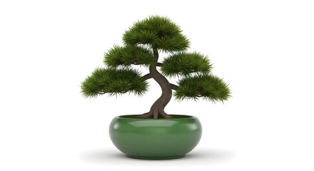 Elegant Miniature Bonsai Tree in a Green Ceramic Pot on White Background