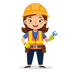 Friendly Female Construction Worker Cartoon Character Welcoming with a Wave Confidently Wearing a Safety Helmet and Gear Ready for Work