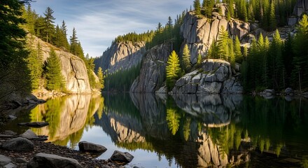 Tranquil Mountain Lake Reflection with Pine Trees and Rocky Cliffs