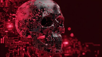 Stunning tech skull with intricate red circuits embodies digital danger and cyber threat in futuristic concept
