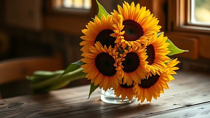 Rustic wooden table adorned with a vibrant sunflower bouquet in warm natural light.