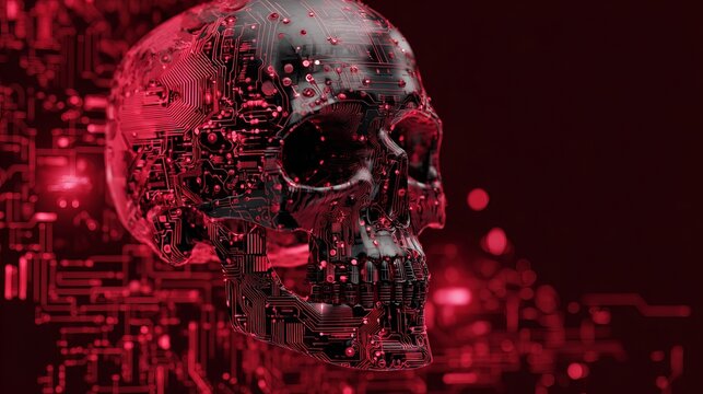 Stunning tech skull with intricate red circuits embodies digital danger and cyber threat in futuristic concept
