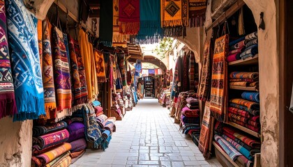 Shopping in Outdoor Market with Colorful Textiles and Arched Entry