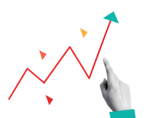 Hand helps the red graph grow. Modern photo collage style. Illustration on transparent background