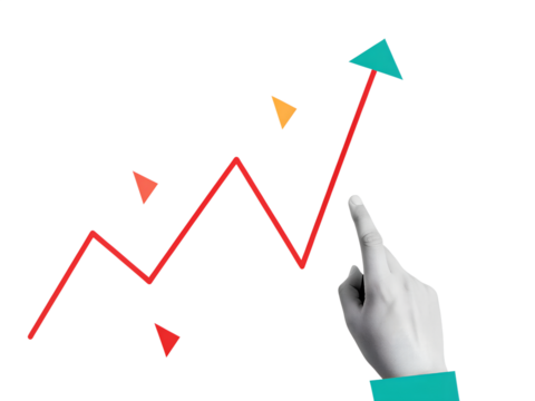 Hand helps the red graph grow. Modern photo collage style. Illustration on transparent background