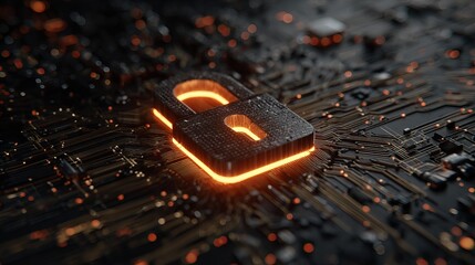 Glowing padlock secures digital network, symbolizing cybersecurity and data protection in a futuristic technological landscape