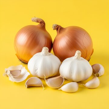 Onion and garlic, two onions with garlic on a clean background.