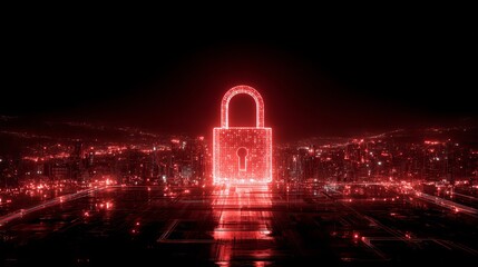 Glowing digital lock symbolizes cybersecurity over illuminated futuristic city skyline at night, protecting data streams