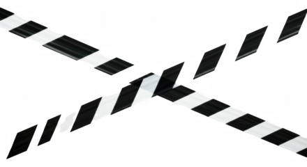Black and White Diagonal Caution Tape Crossed Isolated on White Background - PNG