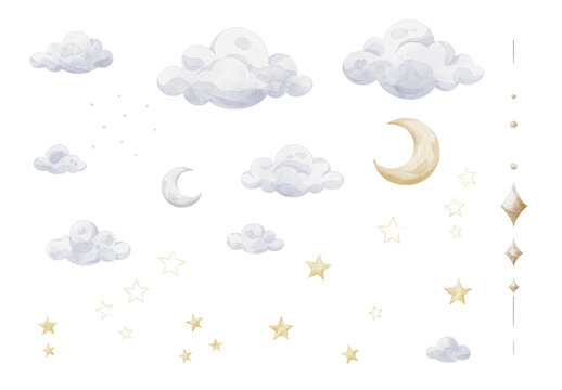 Watercolor moon and stars clipart set with fluffy clouds, night sky elements, dreamy celestial designs for nursery decor, baby shower invitations, kids products, posters, greeting cards, and apparel