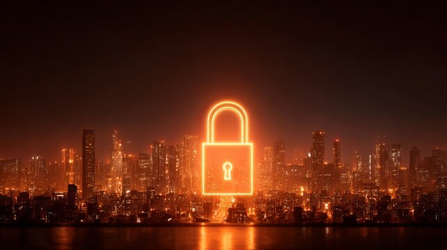 Neon padlock glows protectively over a vibrant, illuminated cityscape at night, symbolizing digital security and urban safety