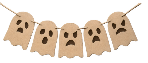 A string of five Halloween ghosts hanging from a rope