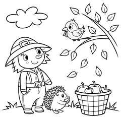 Cute straw scarecrow with hat hedgehog bird apple basket autumn fall season coloring illustration