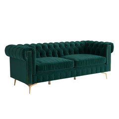 Obraz premium Elegant emerald green velvet chesterfield sofa with gold legs isolated on transparent background is a luxurious furniture piece