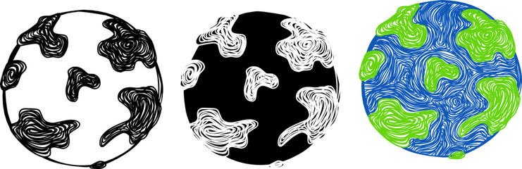 Hand Drawn Globe Earth Vector Set. Scribble Style Line Art, Silhouette, and Colorful World Map Illustrations for Travel, Education, and Environmental Design Projects.
