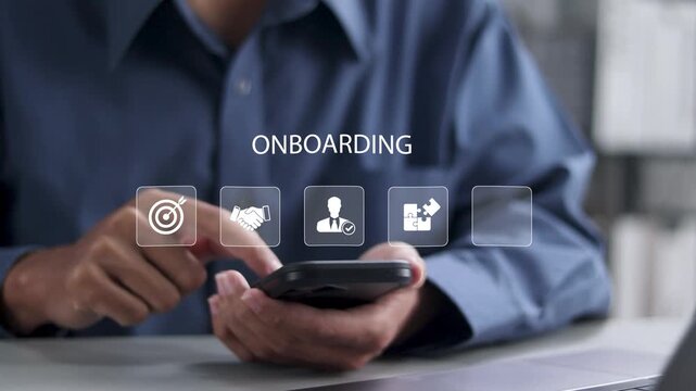 Onboarding new employee process concept. Human resources business to introduce newly hired employee into an organization with behavior, welcome, knowledge, and skills.