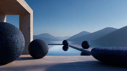 Serene modern architectural design featuring textured spheres beside a tranquil infinity pool overlooking misty mountains at dawn
