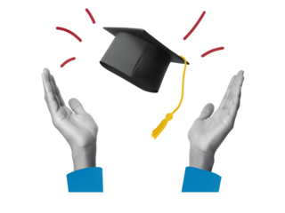Black and white hands tosses college cap. Degree ceremony concept. Modern collage style. Illustration on transparent background