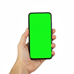 hand holding green screen phone isolated on transparent background, PNG, 