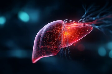 Artistic visualization of a human liver highlighting its intricate vascular network and essential function in detoxification processes
