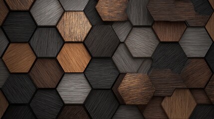 Modern abstract wood hexagon pattern with rich textures in warm earth tones creating a sophisticated geometric backdrop.