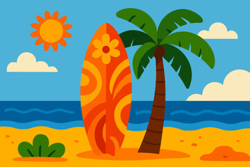 A circular depiction of a tropical setting featuring a palm tree, sunlight, and ocean waves