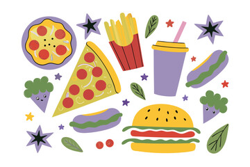 A Feast of Fun: Colorful cartoon fast food elements. From juicy burgers to cheesy pizzas, tasty hotdogs, fries and refreshing drinks.