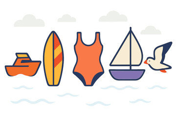 A collection of sleek, black-and-white icons featuring summer activities, sun, beach accessories, and aquatic elements, perfect for design projects, is included in the Beach Icon Set