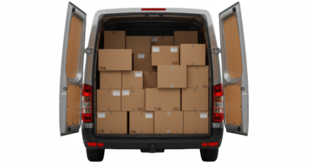 Cargo van with cardboard boxes for shipping PNG, shipping van, transport van, logistics vehicle, courier van, moving van, white van
