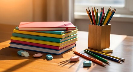 A stack of colorful notebooks and a holder with colored pencils on a sunlit wooden desk.